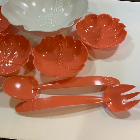 Vintage Salad Bowl set Fork Spoon Hibiscus Flower Hoffman Industries #35 - Picture 4 of 8